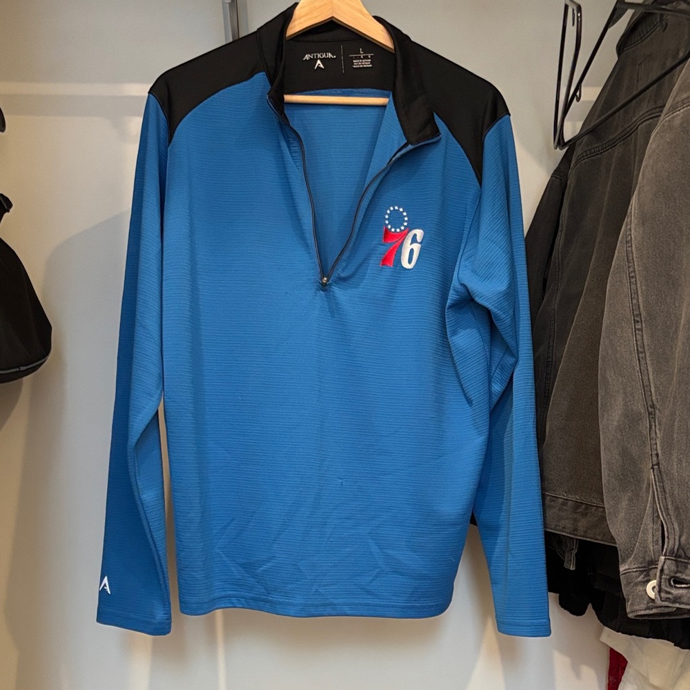 Antigua Blue and Black 76ers Quarter-Zip Pullover